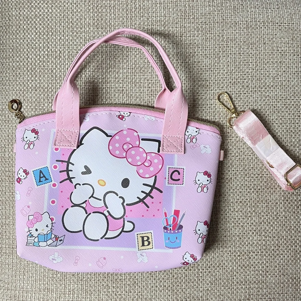 Hello Kitty Pink Kids Tote Bag, NWT, 9x6.5x1”, remov crossbody strap, PU leather